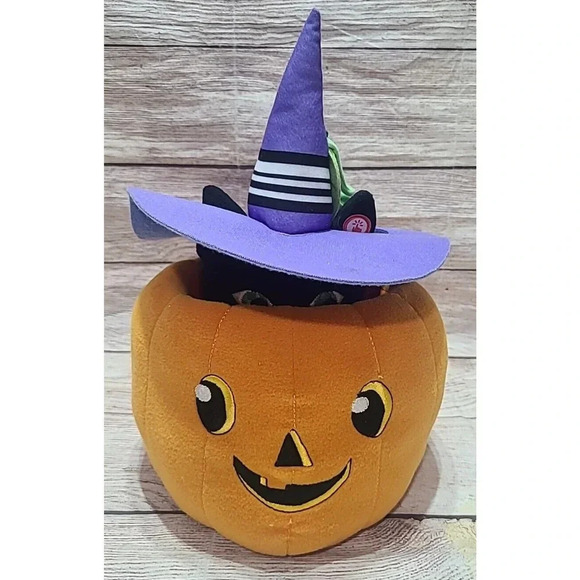 Hallmark Plush Halloween Cat In A Pumpkin Talking Orange Purple Black 12" - Picture 1 of 7